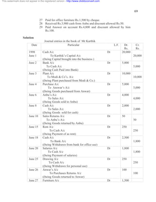 69 
This watermark does not appear in the registered version - http://www.clicktoconvert.com 
27 Paid for office furniture Rs.1,500 by cheque. 
28 Received Rs.3,900 cash from Anbu and discount allowed Rs.50. 
29 Paid Answer on account Rs.4,800 and discount allowed by him 
Rs.100. 
Solution 
Journal entries in the book of Mr Karthik 
Date Particular L.F. Dr. 
Rs. 
Cr. 
Rs. 
1998 
June 1 
Cash A/c 
To Karthik’s Capital A/c 
((being Capital brought into the business ) 
Dr 20,000 
20,000 
June 2 Bank A/c 
To Cash A/c 
((being Cash Paid into Bank) 
Dr 5,000 
5,000 
June 3 Plant A/c 
To Modi & Co’s. A/c 
((being Plant purchased from Modi & Co.) 
Dr 10,000 
10,000 
June 4 Purchase A/c 
To Answar’s A/c 
((being Goods purchased from Anwar) 
Dr 5,000 
5,000 
June 6 Anbu’s A/c 
To Sales A/c 
((being Goods sold to Anbu) 
Dr 4,000 
4,000 
June 8 Cash A/c 
To Sales A/c 
((being Goods sold for cash) 
Dr 2,000 
2,000 
June 10 Sales Returns A/c 
To Anbu’s A/c 
((being Goods returned by Anbu) 
Dr 50 
50 
June 15 Rent A/c 
To Cash A/c 
((being Payment of as rent) 
Dr 250 
250 
June 18 Cash A/c 
To Bank A/c 
((being Withdrawn from bank for office use) 
Dr 2,500 
1,800 
June 20 Salaries A/c 
To Cash A/c 
((being Payment of salaries) 
Dr 1,800 
1,800 
June 25 Drawing A/c 
To Cash A/c 
((being Withdrawn for personal use) 
Dr 250 
250 
June 26 Anwar’s A/c 
To Purchases Returns A/c 
((being Goods returned to Anwar) 
Dr 100 
100 
June 27 Furniture A/c Dr 1,500 
 