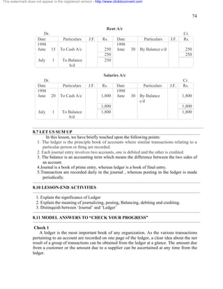 74 
This watermark does not appear in the registered version - http://www.clicktoconvert.com 
Rent A/c 
Dr. Cr. 
Date Particulars J.F. Rs. Date Particulars J.F. Rs. 
1998 1998 
June 15 To Cash A/c 250 June 30 By Balance c/d 250 
250 250 
July 1 To Balance 
b/d 
250 
Salaries A/c 
Dr. Cr. 
Date Particulars J.F. Rs. Date Particulars J.F. Rs. 
1998 1998 
June 20 To Cash A/c 1,800 June 30 By Balance 
c/d 
1,800 
1,800 1,800 
July 1 To Balance 
b/d 
1,800 1,800 
8.7 LET US SUM UP 
In this lesson, we have briefly touched upon the following points: 
1. The ledger is the principle book of accounts where similar transactions relating to a 
particular person or thing are recorded. 
2. Each journal entry involves two accounts, one is debited and the other is credited. 
3. The balance is an accounting term which means the difference between the two sides of 
an account. 
4.Journal is a book of prime entry, whereas ledger is a book of final entry. 
5.Transaction are recorded daily in the journal , whereas posting in the ledger is made 
periodically. 
8.10 LESSON-END ACTIVITIES 
1. Explain the significance of Ledger 
2. Explain the meaning of journalizing, posting, Balancing, debiting and crediting. 
3. Distinquish between ‘Journal’ and ‘Ledger’ 
8.11 MODEL ANSWERS TO “CHECK YOUR PROGRESS” 
Check 1 
A ledger is the most important book of any organization. As the various transactions 
pertaining to an account are recorded on one page of the ledger, a clear idea about the net 
result of a group of transactions can be obtained from the ledger at a glance. The amount due 
from a customer or the amount due to a supplier can be ascertained at any time from the 
ledger. 
 