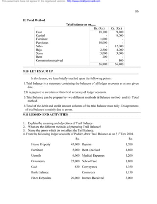 86 
This watermark does not appear in the registered version - http://www.clicktoconvert.com 
II. Total Method 
Trial balance as on….. 
Dr. (Rs.) Cr. (Rs.) 
Cash 18,100 9,700 
Capital - 8,000 
Furniture 1,000 - 
Purchases 10,000 - 
Sales - 12,000 
Raja 2,500 4,000 
Somu 5,000 3,000 
Rent 200 - 
Commission received - 100 
36,800 36,800 
9.10 LET US SUM UP 
In this lesson, we have briefly touched upon the following points: 
1.Trial balance is a statement containing the balances of all ledger accounts as at any given 
date. 
2.It is prepare to ascertain arithmetical accuracy of ledger accounts. 
3.Trial balance can be prepare by two different methods i) Balance method and ii) Total 
method. 
4.Total of the debit and credit amount columns of the trial balance must tally. Disagreement 
of trial balance is mainly due to errors. 
9.11 LESSON-END ACTIVITIES 
1. Explain the meaning and objectives of Trail Balance 
2. What are the different methods of preparing Trail Balance? 
3. Name the errors which do not affect the Tail Balance. 
4. From the following ledger accounts of Podder, draw Trail Balance as on 31st Dec 2004. 
Rs. Rs. 
House Property 45,000 Repairs 1,200 
Furniture 5,000 Rent Received 4,800 
Utensils 6,000 Medical Expenses 1,200 
Ornaments 25,000 School Free 1,800 
Cash 630 Conveyance 1,350 
Bank Balance: Cosmetics 1,150 
Fixed Deposites 20,000 Interest Received 3,000 
 