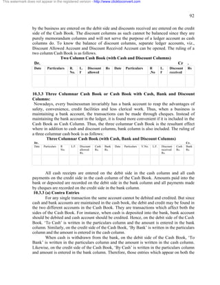 92 
This watermark does not appear in the registered version - http://www.clicktoconvert.com 
by the business are entered on the debit side and discounts received are entered on the credit 
side of the Cash Book. The discount columns as such cannot be balanced since they are 
purely memorandum columns and will not serve the purpose of a ledger account as cash 
columns do. To know the balance of discount columns, separate ledger accounts, viz., 
Discount Allowed Account and Discount Received Account can be opened. The ruling of a 
two column Cash Book is as follows. 
Two Column Cash Book (with Cash and Discount Columns) 
Dr. Cr . 
Date Particulars R. 
No. 
L. 
F 
Discount 
allowed 
Rs Date Particulars R 
.No 
L. 
F 
Discount 
received 
Rs 
10.3.3 Three Columnar Cash Book or Cash Book with Cash, Bank and Discount 
Columns: 
Nowadays, every businessman invariably has a bank account to reap the advantages of 
safety, convenience, credit facilities and less clerical work. Thus, when a business is 
maintaining a bank account, the transactions can be made through cheques. Instead of 
maintaining the bank account in the ledger, it is found more convenient if it is included in the 
Cash Book as Cash Column. Thus, the three columnar Cash Book is the resultant effect 
where in addition to cash and discount columns, bank column is also included. The ruling of 
a three columnar cash book is as follows: 
Three Columnar Cash Book (with Cash, Bank and Discount Columns) 
Dr. Cr. 
Date Particulars R 
No. 
L.F. Discount 
allowed 
Rs. 
Cash 
Rs. 
Bank 
Rs. 
Date Particulars V.No. L.F. Discount 
received 
Rs. 
Cash 
Rs. 
Bank 
Rs. 
All cash receipts are entered on the debit side in the cash column and all cash 
payments on the credit side in the cash column of the Cash Book. Amounts paid into the 
bank or deposited are recorded on the debit side in the bank column and all payments made 
by cheques are recorded on the credit side in the bank column. 
10.3.3 (a) Contra Entries 
For any single transaction the same account cannot be debited and credited. But since 
cash and bank accounts are maintained in the cash book, the debit and credit may be found in 
the two different accounts in the Cash Book. They are transactions which affect both the 
sides of the Cash Book. For instance, when cash is deposited into the bank, bank account 
should be debited and cash account should be credited. Hence, on the debit side of the Cash 
Book. ‘To Cash’ is written in the particulars column and the amount is entered in the bank 
column. Similarly, on the credit side of the Cash Book, ‘By Bank’ is written in the particulars 
column and the amount is entered in the cash column. 
When cash is withdrawn from the bank, on the debit side of the Cash Book, ‘To 
Bank’ is written in the particulars column and the amount is written in the cash column. 
Likewise, on the credit side of the Cash Book, ‘By Cash’ is written in the particulars column 
and amount is entered in the bank column. Therefore, those entries which appear on both the 
 
