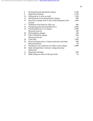 97 
This watermark does not appear in the registered version - http://www.clicktoconvert.com 
6 Purchased Goods and paid by cheque 2,100 
8 Deposited with bank 2,100 
10 Sold goods to A.Anil on credit 1,100 
12 Sold goods & received payment by cheque 900 
15 Received a cheque from A.Anil in full settlement of his 
account 
1,050 
17 Withdrawn from bank for office use 900 
19 Purchased goods from Kanishka & Co. 3,000 
19 Paid Kanishka & Co. by cheque 2,900 
Discount received 100 
20 Paid telephone charges 100 
23 Paid A.Ahmad by cheque 684 
Discount received 16 
24 Cash Sales 1,900 
26 Received cheque from A.Antony and sent to the bank 480 
Discount allowed 20 
27 Purchased a new machinery for office use by cehque 4,000 
28 Bank intimated that A.Antony’s cheque has been 
dishonored 
31 Deposited with bank 600 
31 Bank charges as shown in the pass book 26 
 