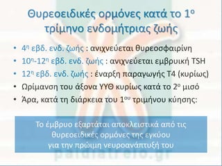 Θυρεοειδικές ορμόνες κατά το 1ο
τρίμηνο ενδομήτριας ζωής
• 4η εβδ. ενδ. ζωής : ανιχνεύεται θυρεοσφαιρίνη
• 10η-12η εβδ. ενδ. ζωής : ανιχνεύεται εμβρυική TSH
• 12η εβδ. ενδ. ζωής : έναρξη παραγωγής Τ4 (κυρίως)
• Ωρίμανση του άξονα ΥΥΘ κυρίως κατά το 2ο μισό
• Άρα, κατά τη διάρκεια του 1ου τριμήνου κύησης:
Το έμβρυο εξαρτάται αποκλειστικά από τις
θυρεοειδικές ορμόνες της εγκύου
για την πρώιμη νευροανάπτυξή του
 