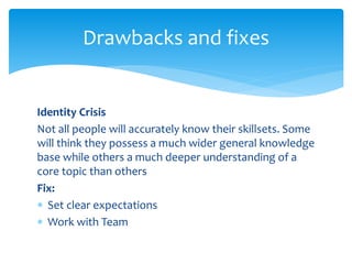 Identity Crisis
Not all people will accurately know their skillsets. Some
will think they possess a much wider general knowledge
base while others a much deeper understanding of a
core topic than others
Fix:
 Set clear expectations
 Work with Team
Drawbacks and fixes
 