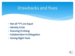  Not all "T"s are Equal
 Identity Crisis
 Knowing Vs Doing
 Collaboration Vs Delegation
 Having Right Tools
Drawbacks and fixes
 