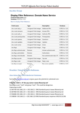TCP/IP Ağlarda İleri Seviye Paket Analizi
Dns.filter Örneği

Örnekler: Tshark’da Filtre Kullanımı
Alan Adına Göre DNS Paketlerini Yakalama
İçerisinde www.lifeoverip.net sorgusu geçen dns paketlerini yakalamak için:
# tshark -i eth0 -n -R ‘dns.qry.name==www.lifeoverip.net’
Running as user “root” and group “root”. This could be dangerous.
Capturing on eth0
11.467730 192.168.2.23 -> 192.168.2.1 DNS Standard query A www.lifeoverip.net
13.467968 192.168.2.23 -> 192.168.2.1 DNS Standard query A www.lifeoverip.net
17.936486 192.168.2.23 -> 192.168.2.1 DNS Standard query A www.lifeoverip.net
17.938038 192.168.2.1 -> 192.168.2.23 DNS Standard query response A 80.93.212.86

Bilgi Güvenliği AKADEMİSİ® | www.bga.com.tr | 11

 