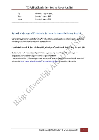 TCP/IP Ağlarda İleri Seviye Paket Analizi
stp
frames:37 bytes:2220
lldp
frames:3 bytes:456
short
frames:3 bytes:456
===================================================================

Tshark Kullanarak Wireshark İle Uzak Sistemlerde Paket Analizi
GUI’si olmayan sistemlerde tshark&Wireshark kullanarak uzaktaki sisteme gelen paketleri
yerel bilgisayarımızdaki Wireshark’a aktarabiliriz.
cyblabs#wireshark -k -i < ( ssh -l root IP_adresi /usr/sbin/tshark -i eth0 -w - tcp port 80 )
Bu komutla uzak sistemde çalışan Tshark’ın yakaladığı paketleri anlık olarak yerel
bilgisayardaki Wireshark’a göndermesi sağlanmaktadır.
Uzak sistemlerdeki paketleri yereldeki Wireshark’a aktarmak için denenebilecek alternatif
yöntemler http://wiki.wireshark.org/CaptureSetup/Pipes adresinden okunabilir.

Bilgi Güvenliği AKADEMİSİ® | www.bga.com.tr | 17

 