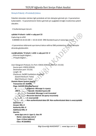 TCP/IP Ağlarda İleri Seviye Paket Analizi
Detaylı Paket(->Protokol) Çıktısı
Paketleri ekrandan izlerken ilgili protokole ait tüm detayları görmek için -V parametresi
kullanılabilir. –V parametresinin farkını görmek için aşağıdaki örneğin incelenmesi yeterli
olacaktır.
-V kullanılamayan durum:
cyblabs~# tshark -i eth0 -n udp port 53
Capturing on eth0
0.000000 10.10.10.100 -> 10.10.10.65 DNS Standard query A www.bga.com.tr
–V parametresi eklenerek aynı komut tekrar edilirse DNS protokolüne ait tüm detaylar
ekranda gözükecektir.
root@cyblabs:~# tshark -i eth0 -n udp port 53 -V
...Ethernet başlık bilgileri...
... IP başlık bilgileri...

User Datagram Protocol, Src Port: 43416 (43416), Dst Port: 53 (53)
Source port: 43416 (43416)
Destination port: 53 (53)
Length: 40
Checksum: 0x28f2 [validation disabled]
[Good Checksum: False]
[Bad Checksum: False]
Domain Name System (query)
Transaction ID: 0x0498
Flags: 0x0100 (Standard query)
0... .... .... .... = Response: Message is a query
.000 0... .... .... = Opcode: Standard query (0)
.... ..0. .... .... = Truncated: Message is not truncated
.... ...1 .... .... = Recursion desired: Do query recursively
.... .... .0.. .... = Z: reserved (0)
.... .... ...0 .... = Non-authenticated data OK: Non-authenticated data is unacceptable
Questions: 1
Answer RRs: 0
Authority RRs: 0
Additional RRs: 0
Queries
www.bga.com.tr: type A, class IN
Name: www.bga.com.tr
Type: A (Host address)
Class: IN (0x0001)
Bilgi Güvenliği AKADEMİSİ® | www.bga.com.tr | 7

 