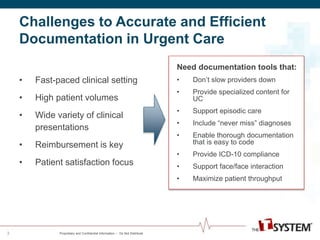 Challenges to Accurate and Efficient 
Documentation in Urgent Care 
• Fast-paced clinical setting 
• High patient volumes 
• Wide variety of clinical 
presentations 
• Reimbursement is key 
• Patient satisfaction focus 
Proprietary and Confidential Information -- Do Not Distribute 
3 
Need documentation tools that: 
• Don’t slow providers down 
• Provide specialized content for 
UC 
• Support episodic care 
• Include “never miss” diagnoses 
• Enable thorough documentation 
that is easy to code 
• Provide ICD-10 compliance 
• Support face/face interaction 
• Maximize patient throughput 
 