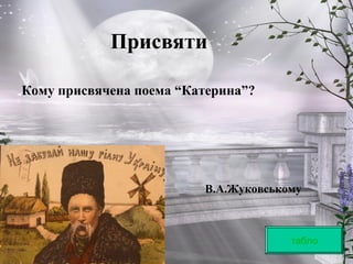 Присвяти
табло
Кому присвячена поема “Катерина”?
В.А.Жуковському
 
