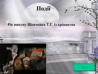 Події
Рік викупу Шевченка Т.Г. із кріпацтва
табло
1838р.
 