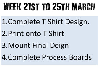 1.Complete T Shirt Design.
2.Print onto T Shirt
3.Mount Final Deign
4.Complete Process Boards
 