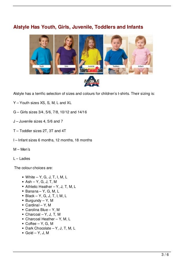 Alstyle Youth Size Chart