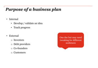 Purpose of a business plan

• Internal
   • Develop / validate an idea
   • Track progress


• External
                                  One doc but may need
   o Investors                    tweaking for different
                                       audiences
   o Debt providers
   o Co-founders
   o Customers
 