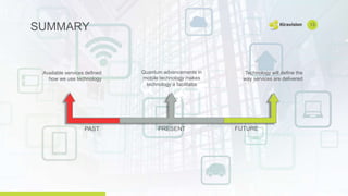 SUMMARY
Quantum advancements in
mobile technology makes
technology a facilitator
Technology will define the
way services are delivered
Available services defined
how we use technology
PRESENTPAST FUTURE
13
 