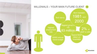 $3900 annual
travel budget
Biggest group in
US
83 million
Born between
1981 and
2000
Spend $323
billion on
hospitality
Highest
employment
rate
05
2% of
GDP in USA
Tech savvy
MILLENIALS – YOUR MAIN FUTURE CLIENT
 