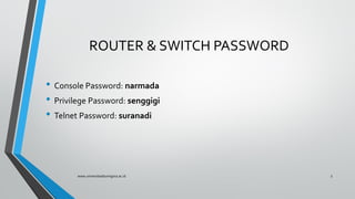 ROUTER & SWITCH PASSWORD
• Console Password: narmada
• Privilege Password: senggigi
• Telnet Password: suranadi
www.universitasbumigora.ac.id 3
 