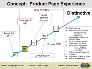 3/10/15& 2&Theme:&&Shopping&Features&&& &Concept:&&Product&Page &&&&&&Owner:&&James&Ha@ield&
Concept: Product Page Experience
2&
Distinctive
Fossil Fall
2011
R1
Ordering info
tab.
R2
R3
In the Hopper
•  Personalization features
•  Monogramming
•  Engraving
•  Updated zoom viewer to
support video
•  Facebook Comments to
replace Bazaar Voice
•  More Brand integration
•  Fossil.Life.Style.
•  Fossil Blog
•  Full screen zoom viewing
•  Pre-order
•  Buy online pick up in store
•  Find in store nearby
Social
Sharing
Update
Layout update
2012 Window
R4
Custom PDP
 