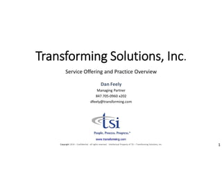 Copyright 2014 – Confidential - all rights reserved - Intellectual Property of TSI – Transforming Solutions, Inc.
Transforming Solutions, Inc.
Service Offering and Practice Overview
Dan Feely
Managing Partner
847.705-0960 x202
dfeely@transforming.com
1
 