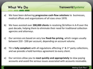 What We Do

a)   We have been delivering progressive cash-flow solutions to businesses,
     medical offices and organizat...
