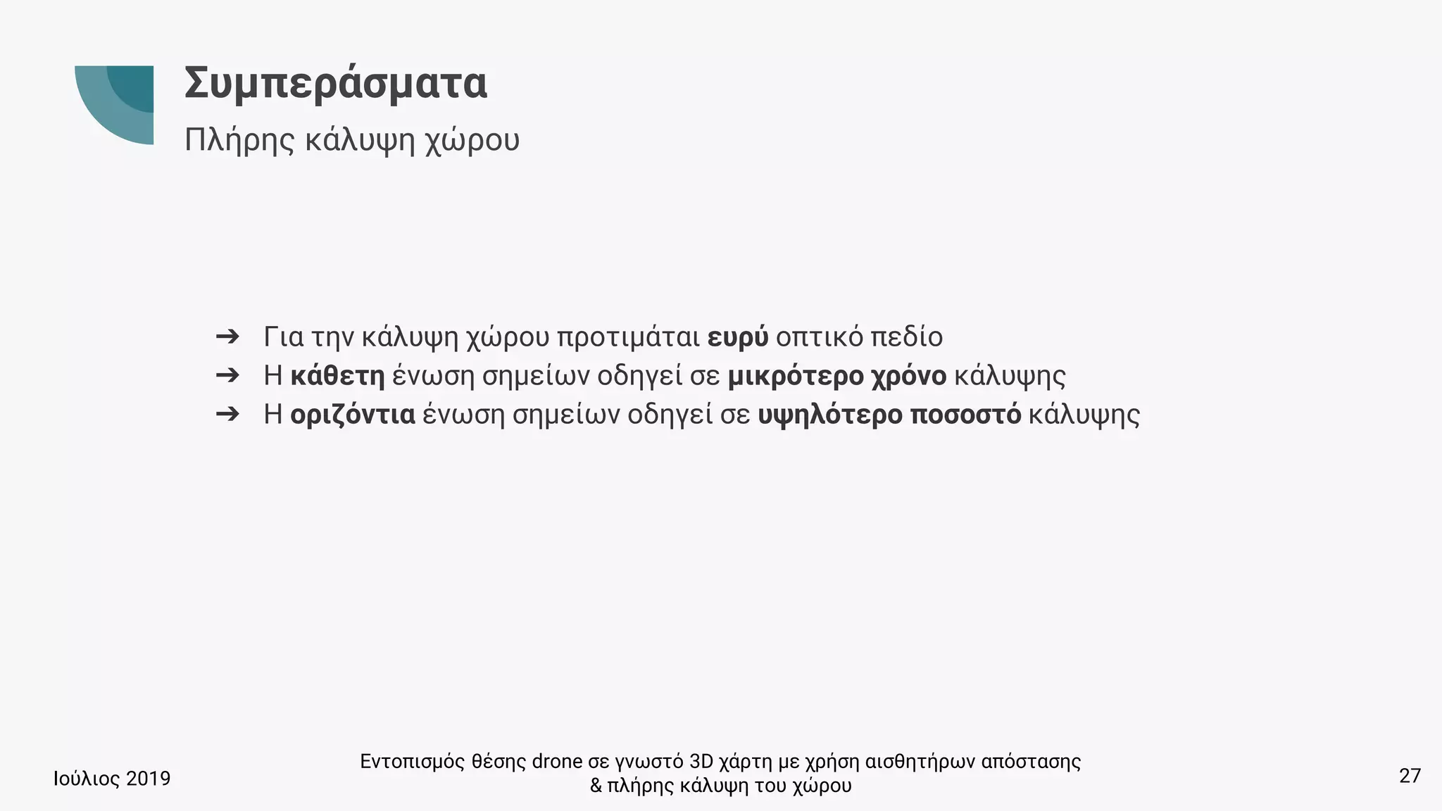 Εντοπισμός θέσης drone σε γνωστό 3D χάρτη με χρήση αισθητήρων απόστασης
& πλήρης κάλυψη του χώρουΙούλιος 2019
Συμπεράσματα
Πλήρης κάλυψη χώρου
➔ Για την κάλυψη χώρου προτιμάται ευρύ οπτικό πεδίο
➔ Η κάθετη ένωση σημείων οδηγεί σε μικρότερο χρόνο κάλυψης
➔ Η οριζόντια ένωση σημείων οδηγεί σε υψηλότερο ποσοστό κάλυψης
27
 