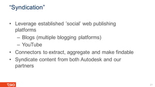 “Syndication”
• Leverage established ’social’ web publishing
platforms
– Blogs (multiple blogging platforms)
– YouTube
• Connectors to extract, aggregate and make findable
• Syndicate content from both Autodesk and our
partners
21
 