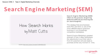 Search Engine Marketing (SEM)
Session ONE // Topic 3: Digital Marketing Channels
Search Engine Marketing (SEM)
refers to the process of gaining
website traffic by purchasing ads
on search engines.
The strategy that encompasses
both PPC and SEO is one of the
most effective ways to growyour
business in an increasingly
competitive marketplace.
Search Engine Marketing’s greatest
strength is that it offers advertisers
the opportunity to put their ads in
front of customers whoare ready to
purchase at that very moment in time.
SOURCE:https://www.youtube.com/watch?v=BNHR6IQJGZs
Module 1:
Introduction To Digital Marketing
 