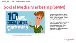 Social MediaMarketing(SMM)
Session ONE // Topic 3: Digital Marketing Channels
Social media provides great
dividends for companieswho
make use appropriate content
for applicable platforms.
Not only does it connect you to
your customers, but it also
encourages users to share
opinions, participate in
discussions and engagewith
others in realtime.
SOURCE: https://www.youtube.com/watch?v=--s2sfm9JkI
Module 1:
Introduction To Digital Marketing
 