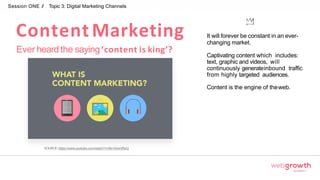 It will forever be constant in an ever-
changing market.
Captivating content which includes:
text, graphic and videos, will
continuously generateinbound traffic
from highly targeted audiences.
Content is the engine of theweb.
Session ONE // Topic 3: Digital Marketing Channels
SOURCE:https://www.youtube.com/watch?v=6b14Axh8fwQ
ContentMarketing
Ever heard the saying‘content is king’?
Module 1:
Introduction To Digital Marketing
 