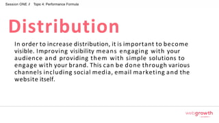 Session ONE // Topic 4: Performance Formula
In order to increase distribution, it is important to become
visible. Improving visibility means engaging with your
audience and providing them with simple solutions to
engage with your brand. This can be done through various
channels including social media, email marketing and the
website itself.
Distribution
Module 1:
Introduction To Digital Marketing
 
