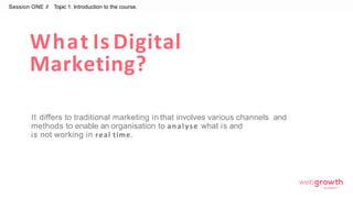 What Is Digital
Marketing?
It differs to traditional marketing in that involves various channels and
methods to enable an organisation to analyse what is and
is not working in real time.
Session ONE //
Module 1:
Introduction To Digital Marketing
Topic 1: Introduction to the course.
 