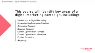 This course will identify key areas of a
digital marketing campaign, including:
Session ONE // Topic 1: Introduction to the course.
Introduction to Digital Marketing
Understanding Business Objectives
Competitor Research
Keyword Research
Content Optimisation –Google
Content Optimisation –Facebook
Content Promotion
Reporting
Module 1:
Introduction To Digital Marketing
 