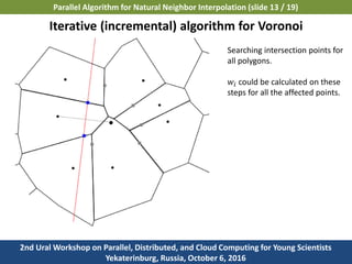 2nd Ural Workshop on Parallel, Distributed, and Cloud Computing for Young Scientists
Yekaterinburg, Russia, October 6, 2016
Parallel Algorithm for Natural Neighbor Interpolation (slide 13 / 19)
Iterative (incremental) algorithm for Voronoi
Searching intersection points for
all polygons.
𝑤𝑖 could be calculated on these
steps for all the affected points.
 
