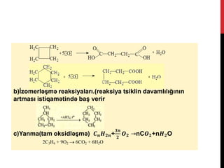 b)İzomerləşmə reaksiyaları.(reaksiya tsiklin davamlılığının
artması istiqamətində baş verir
c)Yanma(tam oksidləşmə) 𝑪 𝒏 𝑯 𝟐𝒏+
𝟑𝒏
𝟐
𝑶 𝟐 →nC𝑶 𝟐+n𝑯 𝟐O
2С3Н6 + 9О2  6СО2 + 6Н2О
 