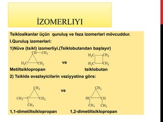 İZOMERLIYI
Tsikloalkanlar üçün quruluş və fəza izomerləri mövcuddur.
I.Quruluş izomerləri:
1)Nüvə (tsikl) izomerliyi.(Tsiklobutandan başlayır)
və
Metiltsiklopropan tsiklobutan
2) Tsikldə əvəzləyicilərin vəziyyətinə görə:
və
1,1-dimetiltsiklopropan 1,2-dimetiltsiklopropan
 