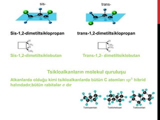 Sis-1,2-dimetiltsiklopropan trans-1,2-dimetiltsiklopropan
Sis-1,2-dimetiltsiklobutan Trans-1,2- dimetiltsiklobutan
Tsikloalkanların molekul quruluşu
Alkanlarda olduğu kimi tsikloalkanlarda bütün C atomları 𝒔𝒑 𝟑
hibrid
halındadır,bütün rabitələr 𝝈 dır
 