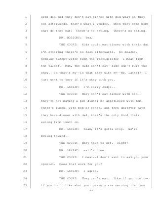 11
with dad and they don’t eat dinner with dad what do they1
eat afterwards, that’s what I wonder. When they come home2
what do they eat? There’s no eating. There’s no eating.3
MR. BOSSORY: Yes.4
THE COURT: Kids could eat dinner with their dad5
I’m ordering there’s no food afterwards. No snacks.6
Nothing except water from the refrigerator--I mean from7
the faucet. Mom, the kids can’t eat--kids don’t rule the8
show. So that’s my--is that okay with ev--Mr. Lansat? I9
just want to know if it’s okay with you.10
MR. LANSAT: I’m sorry Judge--11
THE COURT: They don’t eat dinner with dad--12
they’re not having a pre-dinner or appetizers with mom.13
There’s lunch, with mom or school and then whatever days14
they have dinner with dad, that’s the only food their15
eating from lunch on.16
MR. LANSAT: Yeah, it’s gotta stop. We’re17
moving toward--18
THE COURT: They have to eat. Right?19
MR. LANSAT: --it’s done.20
THE COURT: I mean--I don’t want to ask you your21
opinion. Does that work for you?22
MR. LANSAT: I agree.23
THE COURT: They can’t eat. Like if you don’t--24
if you don’t like what your parents are serving then you25
 
