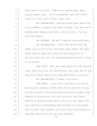 14
then there’s no lunch. There’s no snacks until their1
actual dinner time. If it’s breakfast they don’t eat--2
there’s no food until actual lunch time.3
MS. MIDDLEDITCH: And your Honor what gave rise4
to my comment, frankly, was there’s Skype. You know we’ve5
talked about Skype a bazillion times in here. Um--but6
with the Skype--7
MR. BOSSORY: We don’t have an issue with that.8
MS. MIDDLEDITCH: --the--the--with--with the9
Skype prior to me filing this show cause motion the kids10
would come on Skype and stare at the ceiling for 1011
minutes until the call was disconnected and refuse to talk12
to my client.13
THE COURT: Well see then--then it’s the Court’s14
order that they lose all electronics, they lose all TV and15
they don’t have--they do not have activities. You can’t--16
MS. MIDDLEDITCH: I mean I do think--17
THE COURT: --you can’t--you don’t--if you’re18
getting poor grades--I don’t know if you weren’t sitting19
in here actually--this kids getting horrific grades, then20
there’s no electronics ‘til you work your schoolwork.21
There’s no anything else that’s fun until you repair the22
most important relationship the children are ever gonna23
have is with their parents and until that relationship is24
repaired there is no fun for your children.25
 