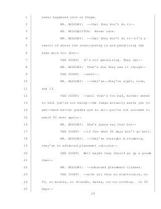 16
never happened once on Skype.1
MR. BOSSORY: --that they don’t do it--2
MS. MIDDLEDITCH: Never once.3
MR. BOSSORY: --that they don’t do it--it’s a4
result of where the relationship is and penalizing the5
kids more for that--6
THE COURT: It’s not penalizing. They can--7
MR. BOSSORY: That’s how they see it though--8
THE COURT: --well--9
MR. BOSSORY: --they’re--they’re eight, nine,10
and 13.11
THE COURT: --well that’s too bad, mother needs12
to tell you’re not being--the Judge actually wants you to13
get--have better grades and so all--you’re not allowed to14
watch TV ever again--15
MR. BOSSORY: She’s gonna say that but--16
THE COURT: --if the next 30 days don’t go well.17
MR. BOSSORY: --they’re straight A students,18
they’re in advanced placement calculus--19
THE COURT: Well maybe they should go up a grade20
then--21
MR. BOSSORY: --advanced placement classes.22
THE COURT: --with all this no electronics, no23
TV, no movies, no friends, dates, no--no nothing. In 3024
days--25
 