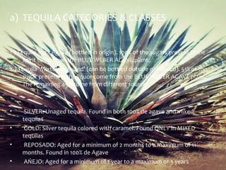 a) TEQUILA CATEGORIES & CLASSES


1.) Tequila 100% Agave (bottled in origin). 100% of the sugars present in the
      spirit come from the BLUE WEBER AGAVE plant.
2.) Tequila 'Mixto' or 'mixed' (can be bottled outside of Mexico). 51% of the
      sugar present in the liquor come from the BLUE WEBER AGAVE plant.
      The remaining 49% come from different sources .



•    SILVER: Unaged tequila. Found in both 100% de agave and mixed
    tequilas
•    GOLD: Silver tequila colored with caramel. Found ONLY in MIXED
    tequilas
•    REPOSADO: Aged for a minimum of 2 months to a maximum of 11
    months. Found in 100% de Agave
•    AŃEJO: Aged for a minimum of 1 year to a maximum of 3 years
 