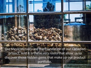 Our Mexican roots are the foundation of our Canadian
   project. And it is these very roots that allow us to
discover those hidden gems that make up our product
                         portfolio.
 