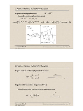 Teoria do Sinal 23
© A. J. Padilha (2010/2011)
C=1+j2
a=0.1+j1.5
xR(t)=Re{Ceat
}
cos(1.5 t + arctg 2)
-|C| e0.1t
|C| e0.1t
Exponencial complexa contínua
• Caso 3: C e a são complexos (caso geral).
Sinais contínuos e discretos básicos
at
Ce
t
x =
)
(
Sinais e sistemas, contínuos e discretos
0
;
j
C C e a r j
θ
ω
= = +
( ) ( )
( ) ( )
{ } ( )
0 0
0
( ) ; Re cos
r j t j t
j rt rt
R
x t C e e C e e x t x t C e t
ω ω θ
θ
ω θ
+ +
= = = = +
Teoria do Sinal 24
© A. J. Padilha (2010/2011)
Degrau unitário contínuo (degrau de Heaviside)
Impulso unitário contínuo (impulso de Dirac)
O impulso unitário δ(t) relaciona-se com u(t) da seguinte forma:
Sinais contínuos e discretos básicos
0, 0
( )
1, 0
t
u t
t
<

= 
>
 t
u(t)
1
( )
( )
t
u t d
δ τ τ
−∞
= ∫
Sinais e sistemas, contínuos e discretos
t
δ(t)
1
 
