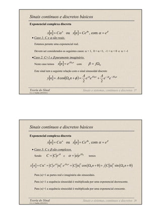 Teoria do Sinal 27
© A. J. Padilha (2010/2011)
Exponencial complexa discreta
• Caso 1: C e α são reais.
Estamos perante uma exponencial real.
Devem ser considerados os seguintes casos: α > 1, 0 < α <1, -1 < α < 0 e α < -1
•Caso 2: C=1 e β puramente imaginário.
Neste caso temos com
Este sinal tem a seguinte relação com o sinal sinusoidal discreto
[ ] [ ] β
β
α
α e
Ce
n
x
C
n
x n
n
=
=
= com
,
ou
[ ] n
j
e
n
x 0
Ω
=
Sinais e sistemas, contínuos e discretos
Sinais contínuos e discretos básicos
[ ] ( ) n
j
j
n
j
j
e
e
A
e
e
A
n
A
n
y 0
0
2
2
cos 0
Ω
−
−
Ω
+
=
+
Ω
= φ
φ
φ
0
j
β = Ω
Teoria do Sinal 28
© A. J. Padilha (2010/2011)
Exponencial complexa discreta
• Caso 3: C e β são complexos.
Sendo e temos
Para |α|=1 as partes real e imaginária são sinusoidais.
Para |α|<1 a sequência sinusoidal é multiplicada por uma exponencial decrescente.
Para |α|>1 a sequência sinusoidal é multiplicada por uma exponencial crescente.
[ ] [ ] β
β
α
α e
Ce
n
x
C
n
x n
n
=
=
= com
,
ou
[ ] ( ) ( )
0
0 0
cos sin
n n n
j n
n j
x n C C e e C n j C n
Ω
θ
= α = α = α Ω + θ + α Ω + θ
Sinais e sistemas, contínuos e discretos
Sinais contínuos e discretos básicos
θ
j
e
C
C = 0
Ω
= j
e
α
α
 