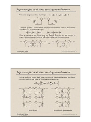 Teoria do Sinal 65
© A. J. Padilha (2010/2011)
Considere-se agora o sistema descrito por
A resposta global é a associação em série de dois subsistemas, como se pode mostrar
considerando o sinal intermédio w[n]:
Como a resposta de um sistema série não depende da ordem em que ocorrem os
respectivos componentes é possível redesenhar o diagrama-blocos do sistema
ou
Representações de sistemas por diagramas de blocos
Análise de Fourier
[ ] [ ] [ ] [ ]
1
1 1
0 −
+
=
−
+ n
x
b
n
x
b
n
y
a
n
y
[ ] [ ] [ ]
1
1
0 −
+
= n
x
b
n
x
b
n
w [ ] [ ] [ ]
n
w
n
y
a
n
y +
−
−
= 1
+ y[n]
- a
x[n]
b0
b1
D
+
w[n]
D
+ y[n]
- a
x[n]
b0
b1
D
+
z[n]
D
+ y[n]
- a
x[n]
b0
b1
D
+
Teoria do Sinal 66
© A. J. Padilha (2010/2011)
Pode-se aplicar a mesma ideia para representar o diagrama-blocos de um sistema
recursivo genérico que, como se viu, é descrito pela equação:
forma directa I forma directa II ou canónica
Representações de sistemas por diagramas de blocos
Análise de Fourier
[ ] [ ] [ ]






−
−
−
= ∑
∑ =
=
N
k
k
N
k
k k
n
y
a
k
n
x
b
a
n
y
1
0
0
1
+ y[n]
x[n]
b0
D
- a1
b1
+
1/a0
+
D
- a2
b2
+
+ +
- aN-1
bN-1
+
D
- aN
bN
+
+ y[n]
- a1
x[n]
b0
b1
D
+
w[n]
D
+ +
bN-1
+
b2
D
+
bN
D
- a2
D
+
- aN-1
+
- aN
D
1/a0
 