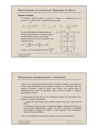 Teoria do Sinal 67
© A. J. Padilha (2010/2011)
Sistemas contínuos
Os elementos gráficos básicos a usar são o somador, o multiplicador por um
coeficiente, e o diferenciador, representados como segue:
Representações de sistemas por diagramas de blocos
Análise de Fourier
x1(t)
x2(t)
x1(t)+x2 (t)
+
x (t) a x (t)
a
D
x (t) d x (t)/dt
x(t)
Devido à dificuldade de realização física de
elementos diferenciadores, é costume passar-se
a equação diferencial para uma equação
integral, usando-se elementos integradores nos
diagramas-blocos.
( ) ( )( ) ( )( )
( )( ) ( ).
de
ordem
de
integral
o
é
que
em
1 1
0
0
k
k
k
N
N
k
k
N
k
N
k
k
N
k
N
dt
t
x
d
N
t
x
t
y
a
t
x
b
a
t
y
−
−
=
−
=
−






−
= ∑
∑
+ y(t)
bN
- aN-1
bN-1
+
1/aN
+
- aN-2
bN-2
+
+ +
- a1
b1
+
- a0
b0
+
∫
∫
∫
Teoria do Sinal 68
© A. J. Padilha (2010/2011)
Como se viu, a resposta de um sistema linear e invariante no tempo a uma entrada que
consista numa combinação linear de impulsos unitários é a combinação linear das
respostas individuais a cada um desses sinais básicos. Essa resposta pode ser
determinada pelo cálculo da convolução entre o sinal de entrada e a resposta
impulsional do sistema.
A representação de sinais por meio de combinações lineares de sinais básicos deve
respeitar as seguintes propriedades:
– o conjunto de sinais básicos deve permitir construir uma classe vasta e útil de
sinais;
– a resposta de um sistema linear e invariante no tempo a cada sinal básico deve ter
uma estrutura suficientemente simples, de forma a permitir a conveniente
representação da resposta do sistema a sinais expressos como combinações
lineares desses sinais básicos.
Não é só a decomposição em impulsos unitários que tem estas propriedades.
Resposta dos sistemas lineares e invariantes
Análise de Fourier
 