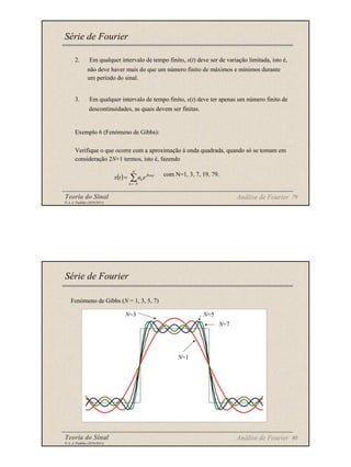 Teoria do Sinal 79
© A. J. Padilha (2010/2011)
2. Em qualquer intervalo de tempo finito, x(t) deve ser de variação limitada, isto é,
não deve haver mais do que um número finito de máximos e mínimos durante
um período do sinal.
3. Em qualquer intervalo de tempo finito, x(t) deve ter apenas um número finito de
descontinuidades, as quais devem ser finitas.
Exemplo 6 (Fenómeno de Gibbs):
Verifique o que ocorre com a aproximação à onda quadrada, quando só se tomam em
consideração 2N+1 termos, isto é, fazendo
com N=1, 3, 7, 19, 79.
Série de Fourier
Análise de Fourier
( ) ∑
−
=
=
N
N
k
t
jk
ke
a
t
x 0
ω
Teoria do Sinal 80
© A. J. Padilha (2010/2011)
Série de Fourier
Fenómeno de Gibbs (N = 1, 3, 5, 7)
N=1
N=3 N=5
N=7
Análise de Fourier
 