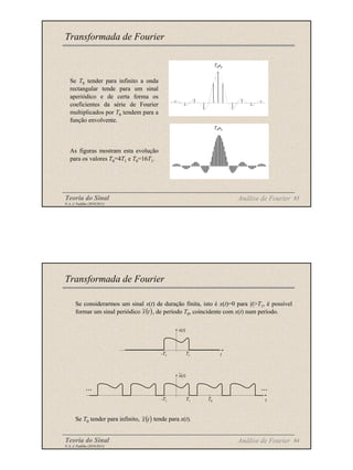 Teoria do Sinal 83
© A. J. Padilha (2010/2011)
Transformada de Fourier
Análise de Fourier
T0ak
T0ak
Se T0 tender para infinito a onda
rectangular tende para um sinal
aperiódico e de certa forma os
coeficientes da série de Fourier
multiplicados por T0 tendem para a
função envolvente.
As figuras mostram esta evolução
para os valores T0=4T1 e T0=16T1.
Teoria do Sinal 84
© A. J. Padilha (2010/2011)
Se considerarmos um sinal x(t) de duração finita, isto é x(t)=0 para |t|>T1, é possível
formar um sinal periódico , de período T0, coincidente com x(t) num período.
Se T0 tender para infinito, tende para x(t).
Transformada de Fourier
( )
t
x
~
( )
t
x
~
Análise de Fourier
x(t)
t
T1
-T1
x(t)
t
T1
-T1
~
... ...
T0
 