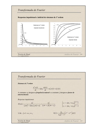 Teoria do Sinal 109
© A. J. Padilha (2010/2011)
Transformada de Fourier
Respostas impulsional e indicial de sistemas de 1ª ordem
0
0.1
0.2
0.3
0.4
0.5
0.6
0.7
0.8
0.9
1
-1 0 1 2 3 4 5 6 7
Sistemas de 1ª ordem
resposta indicial
τ =4
τ =1
τ =0,5
τ =2
Análise de Fourier
0
0.2
0.4
0.6
0.8
1
1.2
1.4
1.6
1.8
2
-1 0 1 2 3 4 5 6 7
Sistemas de 1ª ordem
resposta impulsional
τ =4
τ =1
τ =0,5
τ =2
Teoria do Sinal 110
© A. J. Padilha (2010/2011)
Transformada de Fourier
Sistemas de 2ª ordem
A constante ωn designa-se frequência natural e a constante ξ designa-se factor de
amortecimento.
Respostas impulsionais
1) Se
Análise de Fourier
( ) ( )
( ) ( )
2
2 2
2 n n n
d y t dy t
y t x t
dt dt
ξω ω ω
+ + =
( )
( ) ( ) ( )( )
2 2
2 2
1 2
2
n n
n n
H
j c j c
j j
ω ω
ω
ω ω
ω ξω ω ω
= =
− −
+ +
2
1
2
2
1
1
n n
n n
c
c
ξω ω ξ
ξω ω ξ
 = − + −


= − − −


1 2
1 c c
ξ ≠ → ≠ ( ) ( )
1 2
2
2 1
c t c t
n
h t e e u t
ω
ξ
 
= −
 
−
 