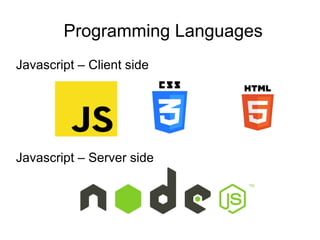 Programming Languages
Javascript – Client side
Javascript – Server side
 