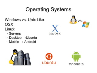 Operating Systems
Windows vs. Unix Like
OSX
Linux:
- Servers
- Desktop →Ubuntu
- Mobile → Android
 