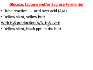Glucose, Lactose and/or Sucrose Fermenter
• Tube reaction --- acid over acid (A/A)
• Yellow slant, yellow butt
With H2S production(A/A, H2S +ve):
• Yellow slant, black ppt. in the butt
 